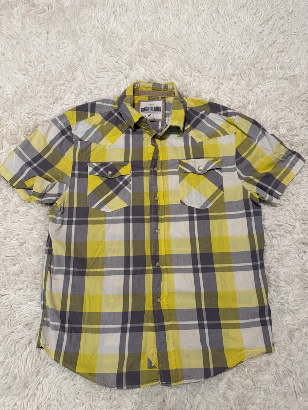 Plaid Western Snap Shirt Yellow Grey White Men’s Large Short Sleeve Cotton**Read